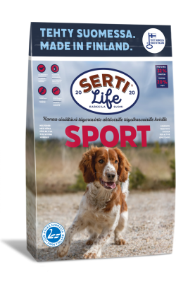SertiLife Sport täysravinto koirille, joka on tarkoitettu täysikasvuisille urheilukoirille ja muuten aktiivisille koirille, jotka tarvitsevat energiaa.