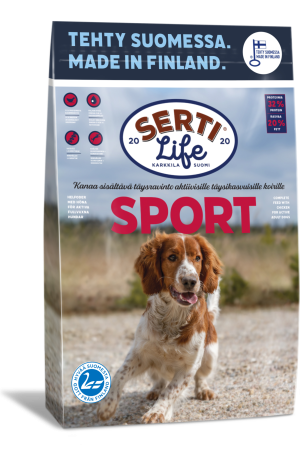 SertiLife Sport täysravinto koirille, joka on tarkoitettu täysikasvuisille urheilukoirille ja muuten aktiivisille koirille, jotka tarvitsevat energiaa.
