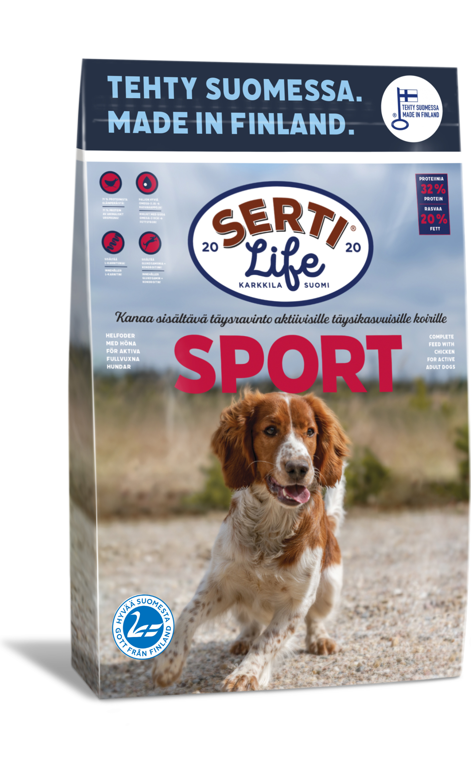 SertiLife Sport täysravinto koirille, joka on tarkoitettu täysikasvuisille urheilukoirille ja muuten aktiivisille koirille, jotka tarvitsevat energiaa.