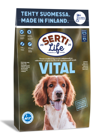 SertiLife Vital täysravinto koirille, joka on tarkoitettu seniori-ikäisille koirille sekä liikakiloja kerääville koirille.